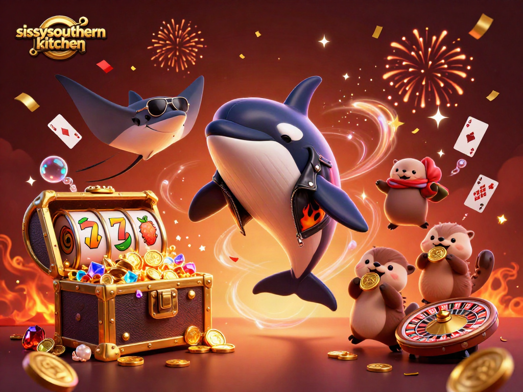 Sissyssouthernkitchen showcases an orca, stingray, and otters in a vibrant casino-themed underwater scene