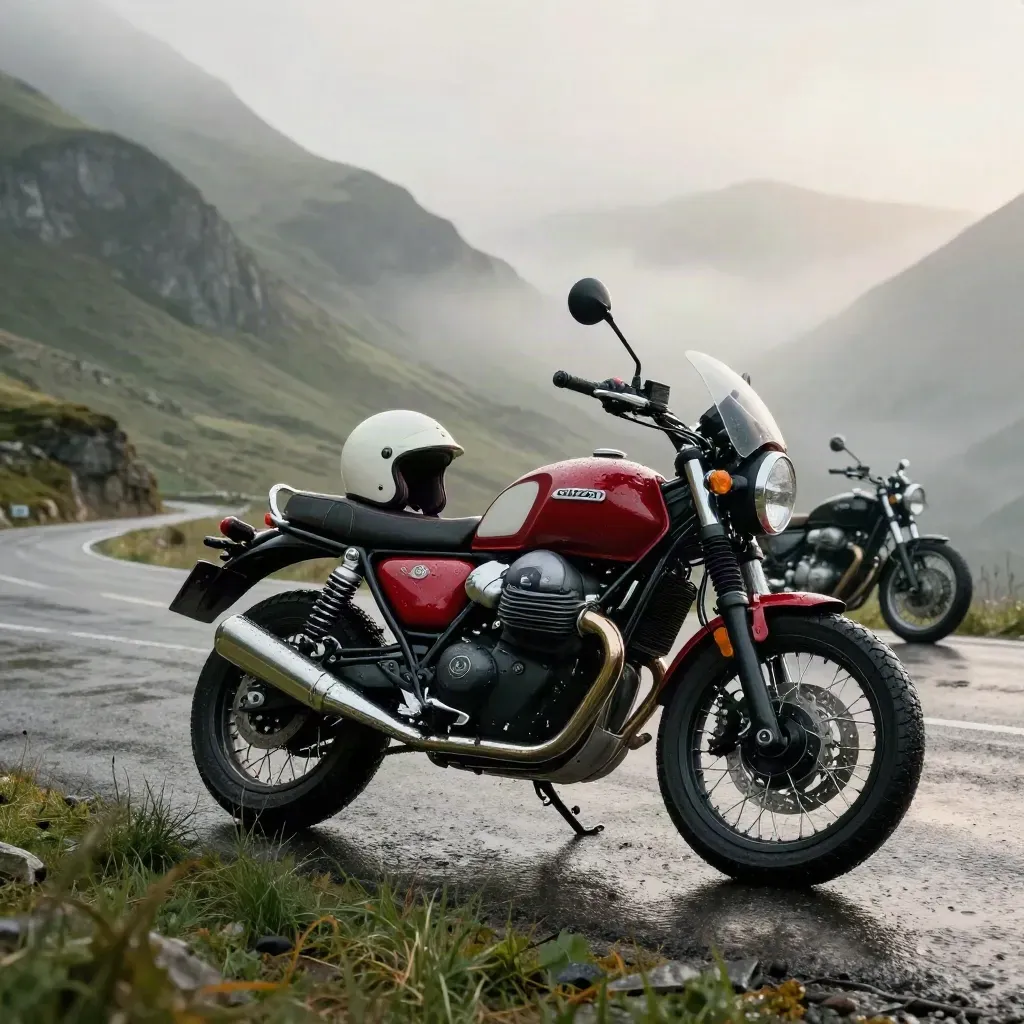 Moto Guzzi V85 TT roja en un collado húmedo, con niebla y otra Guzzi al fondo.