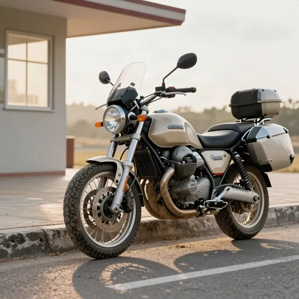 Moto Guzzi Stelvio beige con barro seco, aparcada en un apartadero con luz cálida de tarde.