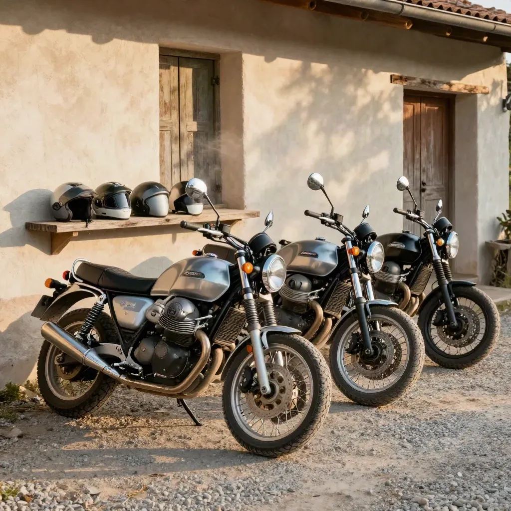 Cuatro Moto Guzzi junto a una nave rural, cascos alineados y banderines borrosos al atardecer.