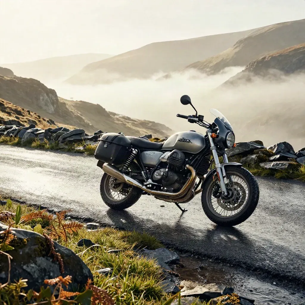 Moto Guzzi V85 TT arena doblando una curva neblinosa entre prados húmedos y helechos.