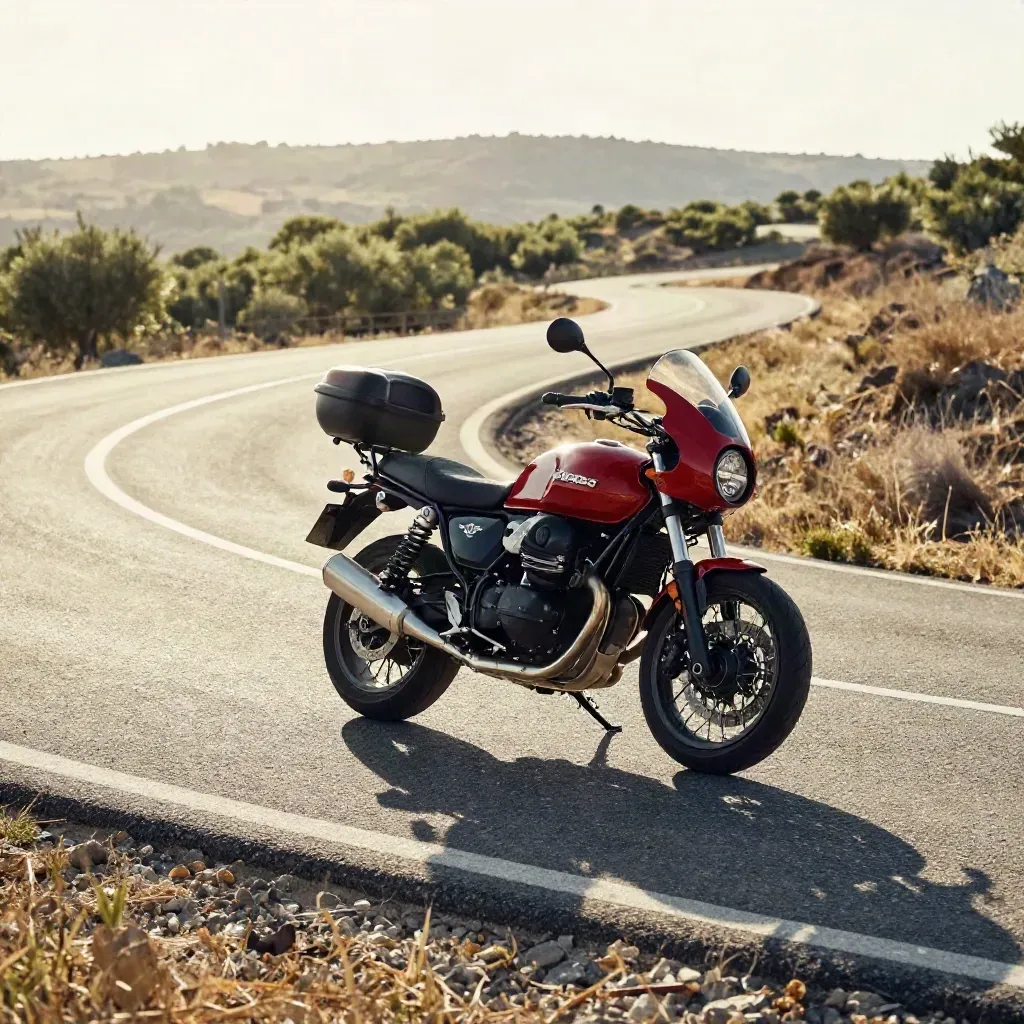 Moto Guzzi V85 TT roja y negra rodando sola en una carretera vacía con calor ondulante