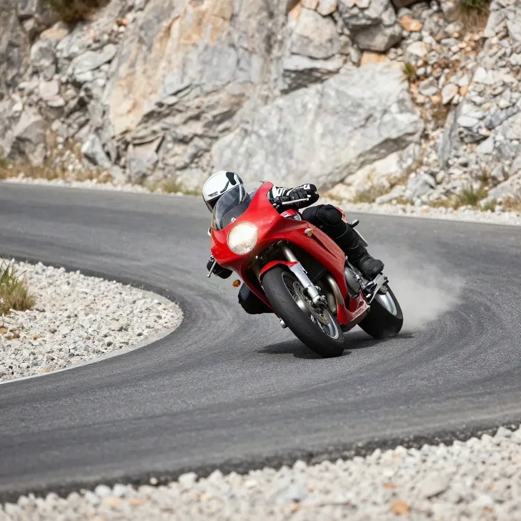 Moto Guzzi Le Mans 850 roja saliendo inclinada de una curva con polvo y luz trasera