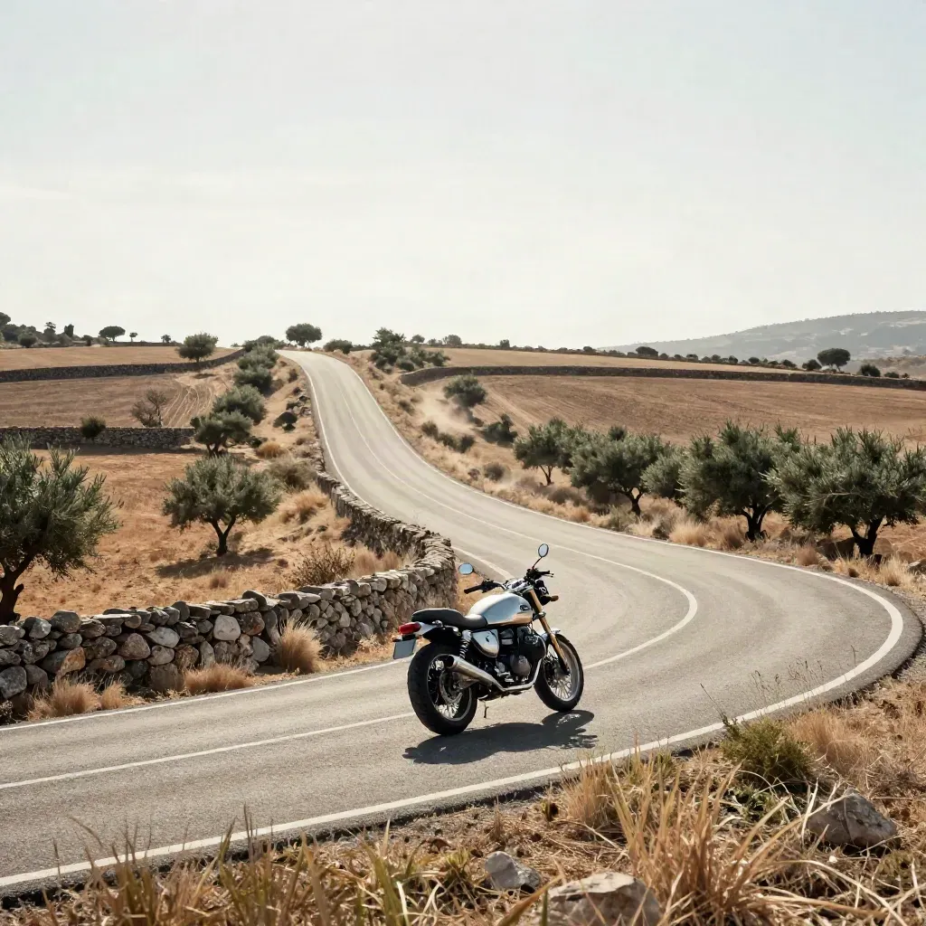 Moto Guzzi V7 alejándose por una carretera de secano en Aragón, con muros de piedra y calima.