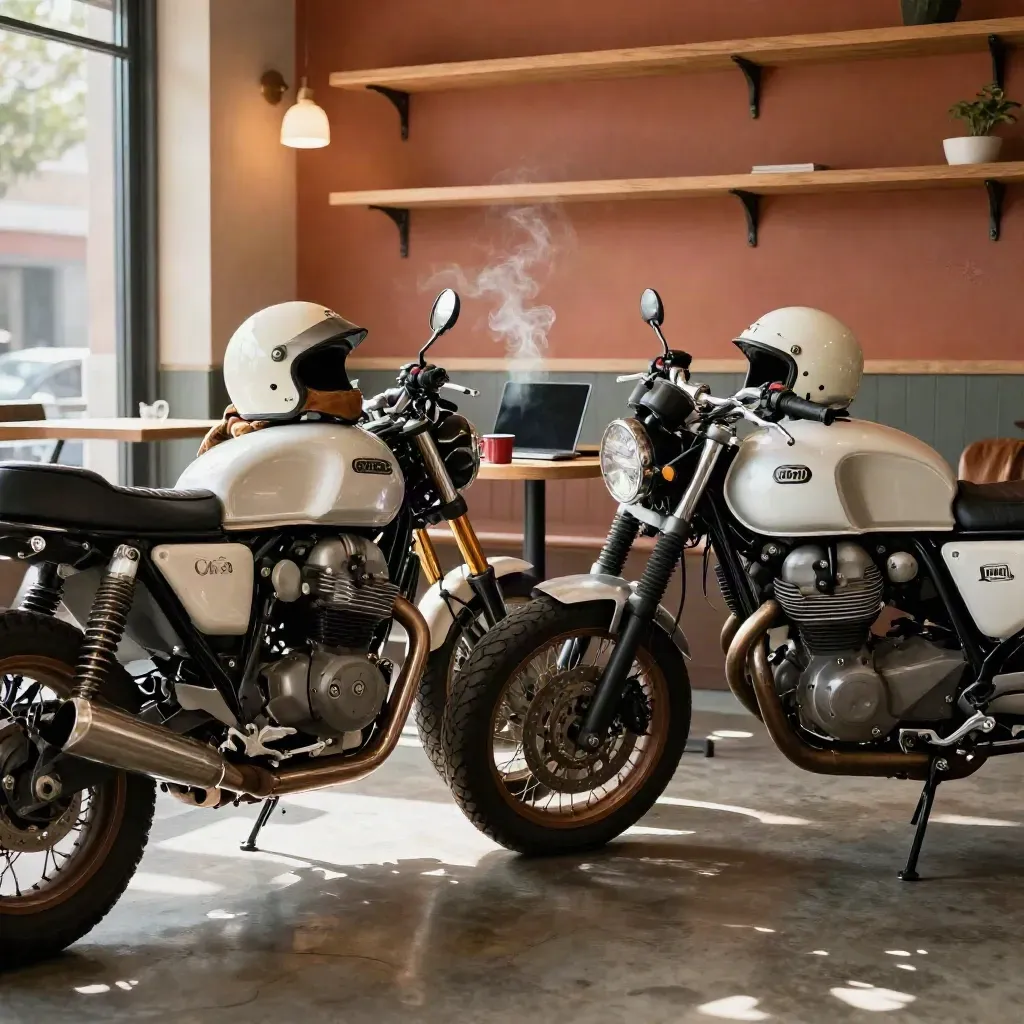 Dos Moto Guzzi V7 junto a una mesa de café con cascos, chaquetas y portátil cerrada, en un garaje-cafetería.