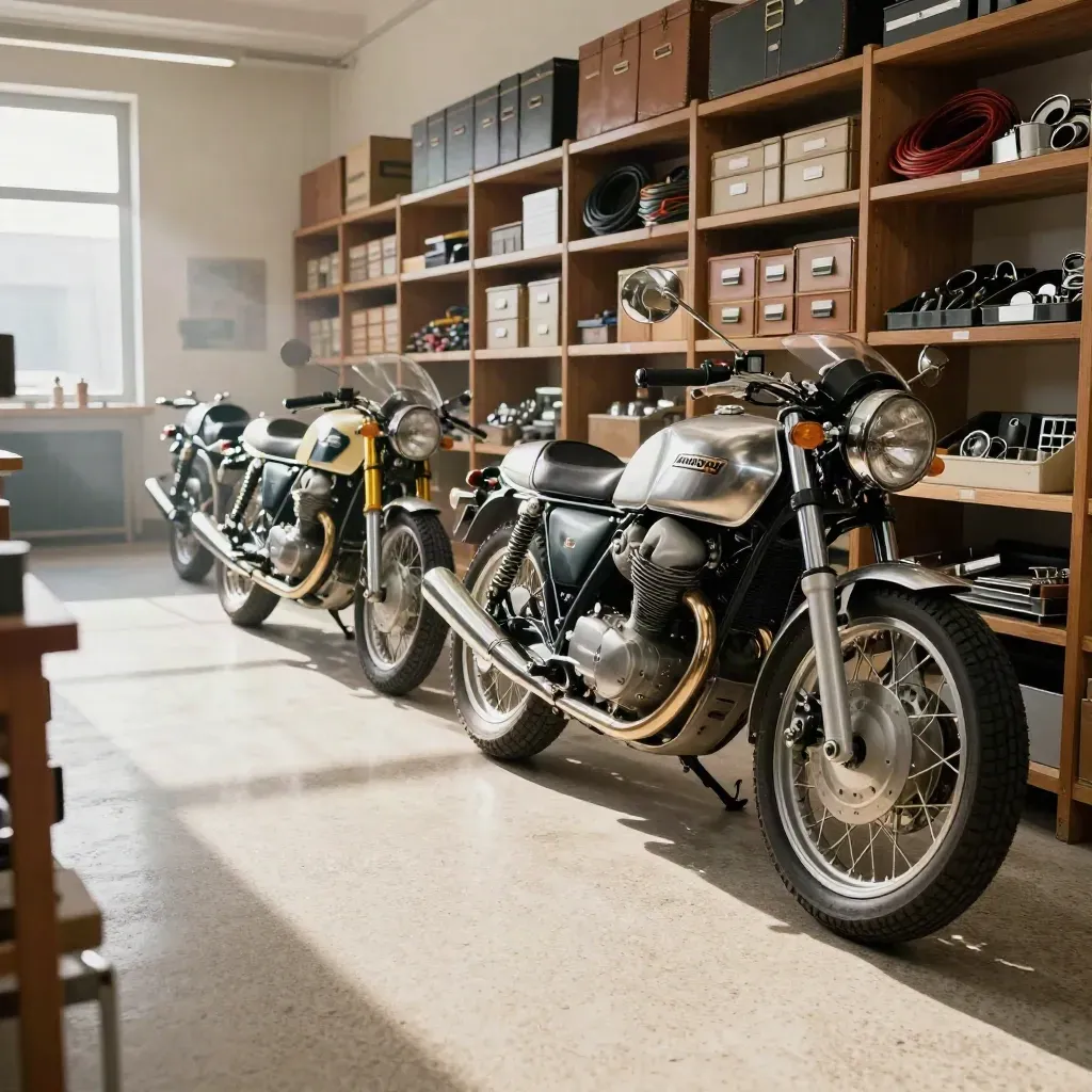 Fila de Moto Guzzi en taller-archivo, con V7 antigua y Stelvio moderna entre polvo y luz cálida.