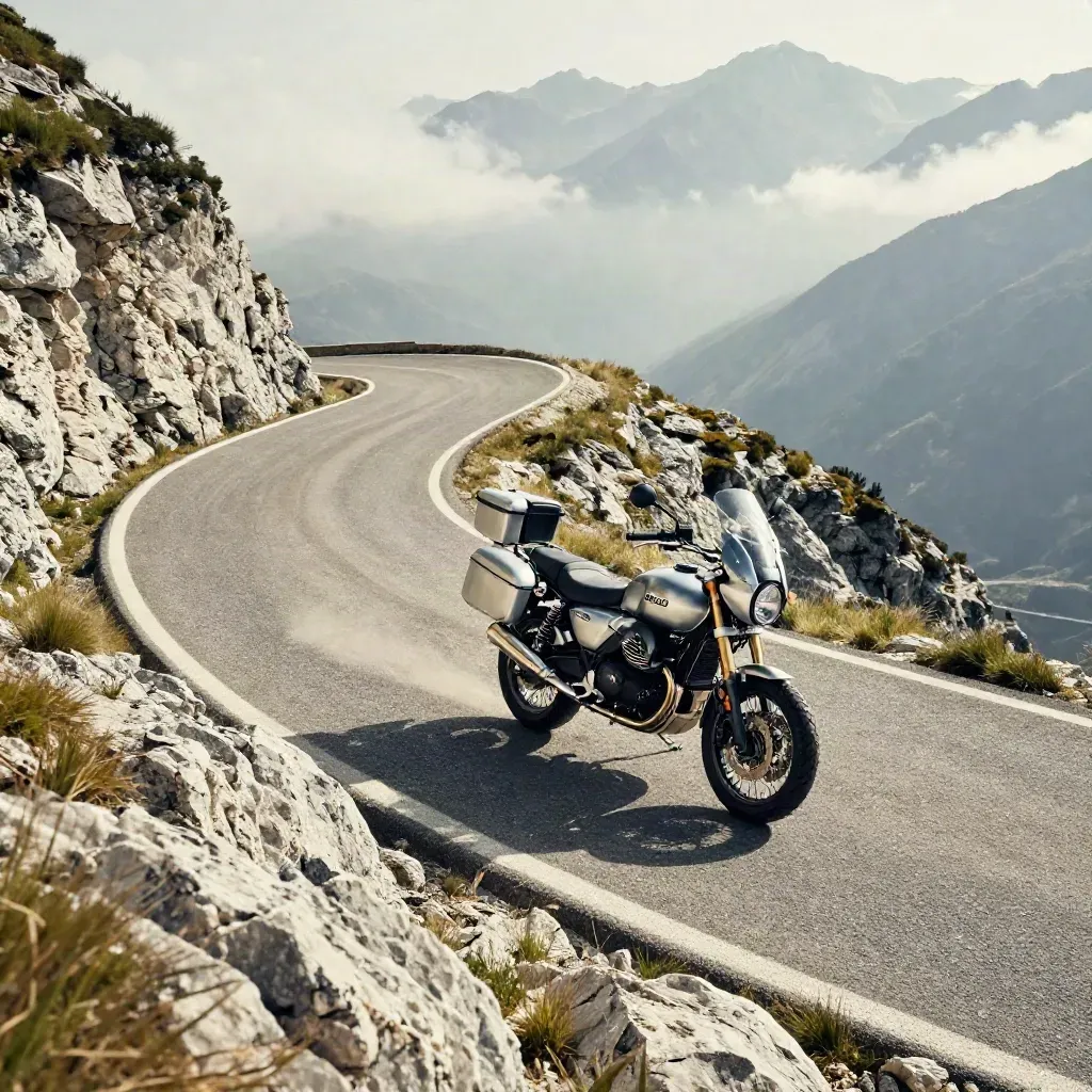 Moto Guzzi toma una curva pirenaica con barranco, roca y nubes bajas.