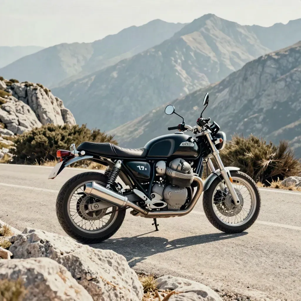 Moto Guzzi V7 en un mirador de Gredos, con piornos, granito claro y sierra al fondo