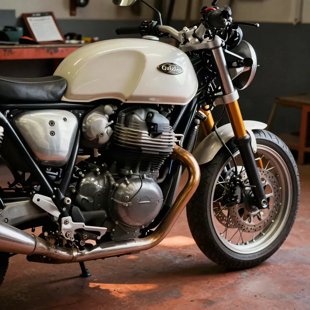 Moto Guzzi V7 semidesnuda en taller, motor y frenos a la luz cálida de la tarde.