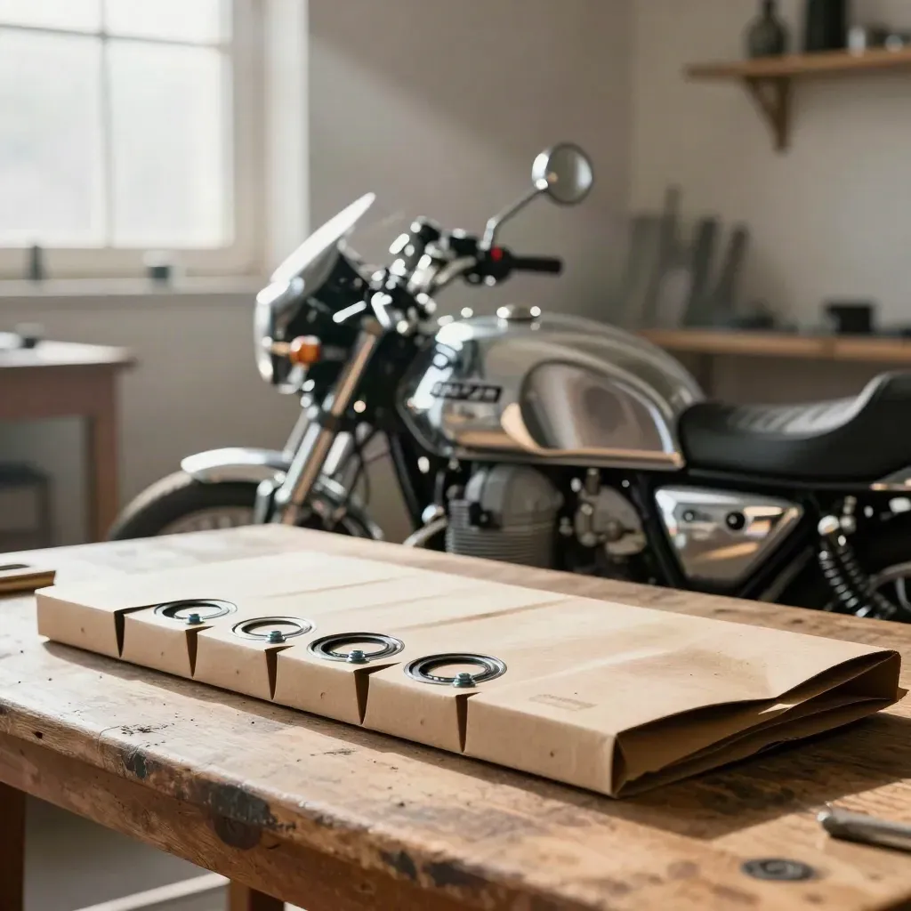 Recambios cromados para una Moto Guzzi California sobre mesa de madera envejecida.