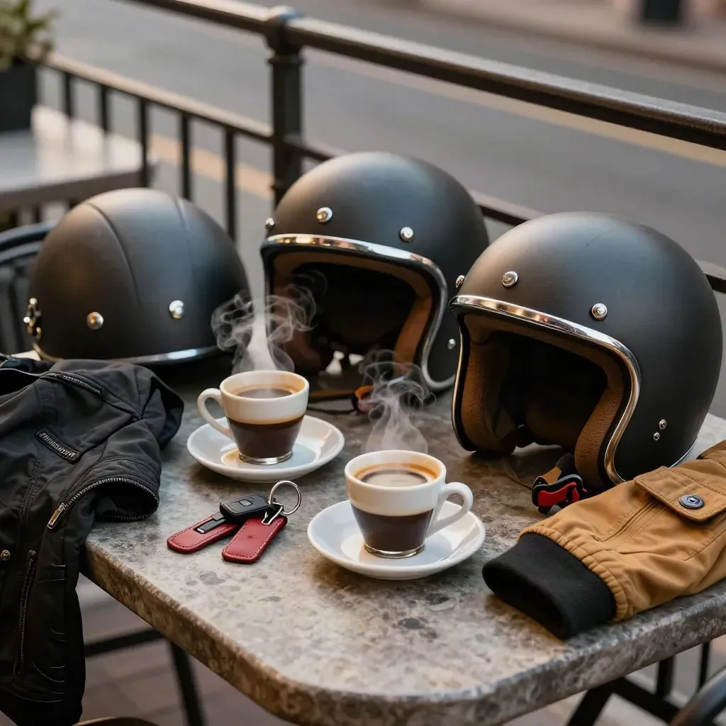 Mesita de terraza con tres cascos, cafés, llaves y chaquetas, ambiente motero.