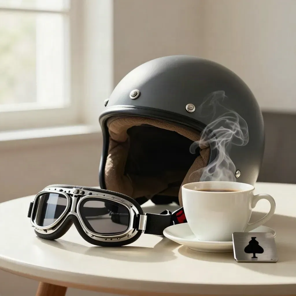 Casco abierto, gafas de moto, café y placa de club sobre mesa clara, con luz de mañana.